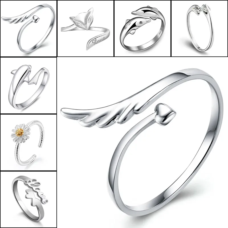 Hip Hop Jewerly ringer Dolphins Dragonfly Wings of the Angel Love Fox Butterfly Opening Justerbar ring för kvinnor