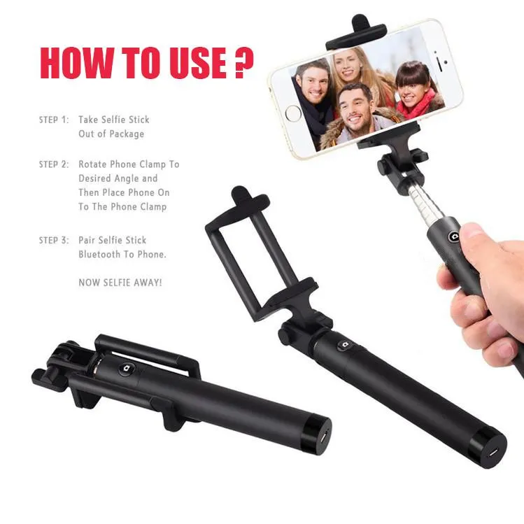 Trådlös Bluetooth Selfie Stick Handheld Foldbar Monopod Bluetooth-slutare Fjärrkontroll för iPhone Samsung HTC med Retail Box