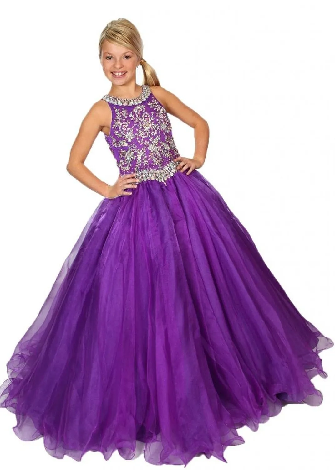 Wunderschöne Kinder-Tanzparty-Kristallballkleider, Blumenmädchen-Organza-Lila-Kleid, juwelenbesetzte Festzugskleider für Kinder