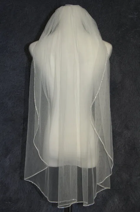 Hot sell 1T White Ivory Wedding Veil Fingertip Length Ribbon Edge Rhinestones Bridal Veil With comb 049