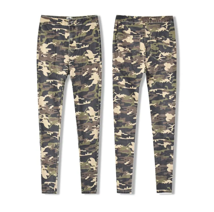 New Fashion Skinny Ripped Jeans Women High Waisted Camouflage Jeans Stretch Pencil Jean Slim Femme Denim Camo Pants