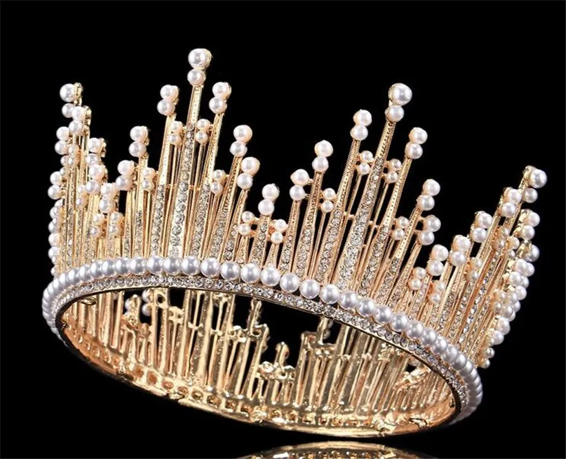 Vintage Düğün Gelin Full Trow Tiara Kristal Rhinestone Saç Aksesuarları Kafa Bandı İnci Prenses Kraliçe Headdress Altın Gümüş JE9574107