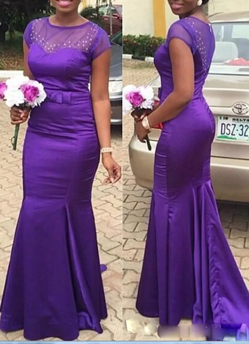 2017 Południowoafrykańskie Długie Syrenki Purpurowe Druhna Dresses Fahsion Krótki Rękaw Zroszony Łuk Satyna Długość Party Party Suknie Nigeria Custom Made