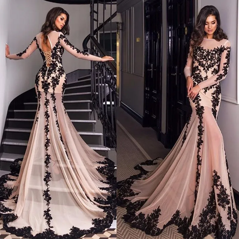 Pink And Black Mermaid Evening Dresses 2022 Long Sleeves Court Train Lace Appliques Sexy Sheer Neck Lace-up Back Formal Prom Evening Gowns