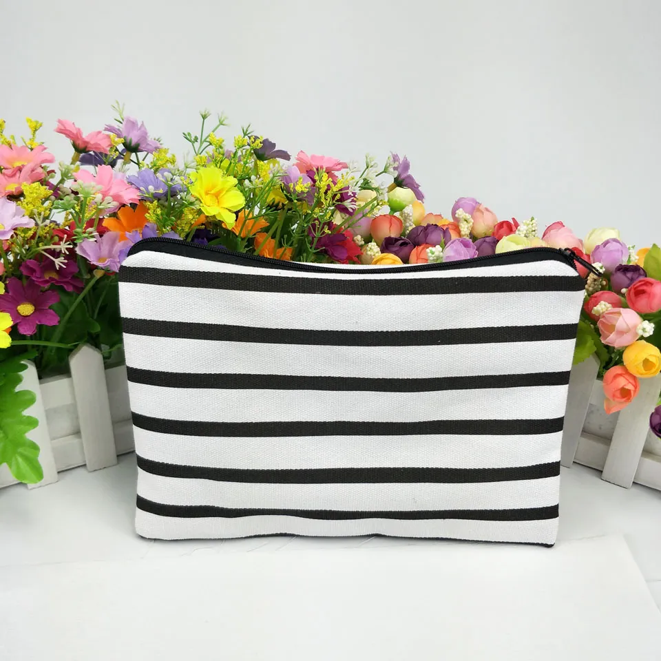 12oz Black White Stripe Cotton Canvas Makeup Bag 6x9in 5x7in med svart zip -dukens zip -påse direkt från fabriken