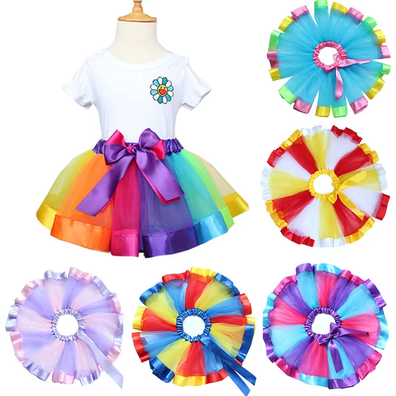 7colors rainbow color Girls Tutu Skirts New ribbon bowknot Children princess Dance skirt performace festival party Kids Pettiskirt C1573