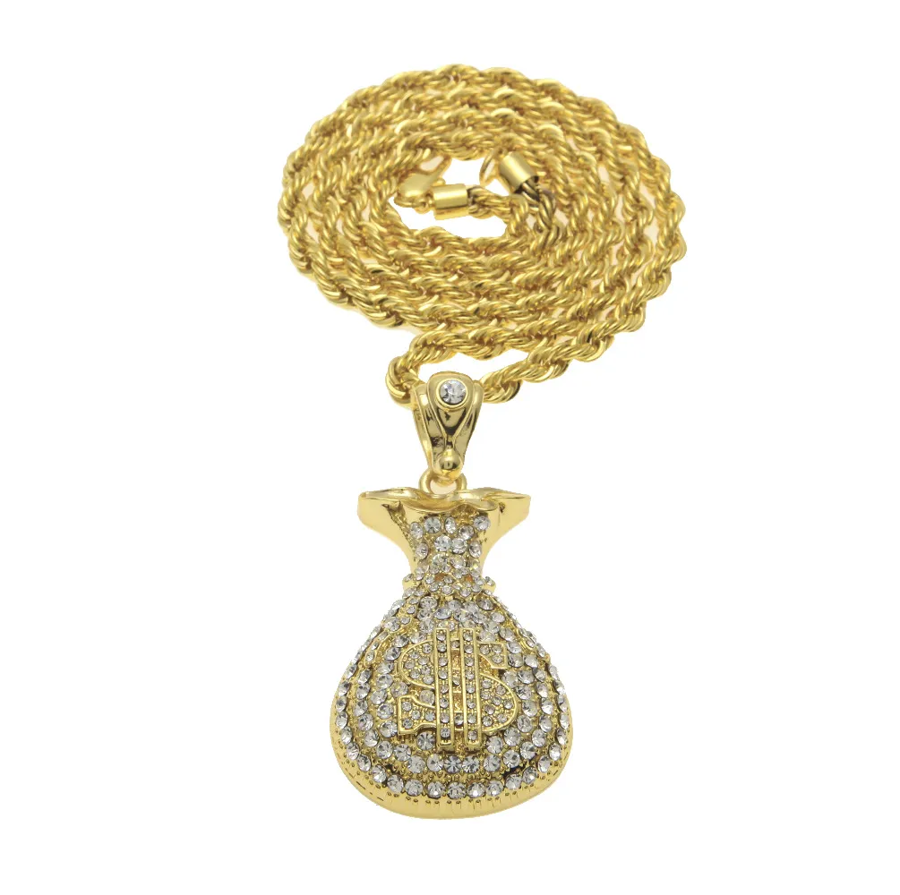 Hip Hop Antique Srebrne złoto Pleced Money Bag Wisip dla mężczyzn Kobiety Bling Crystal Dollar Charm Naszyjnik Długość kubańska biżuteria 339J