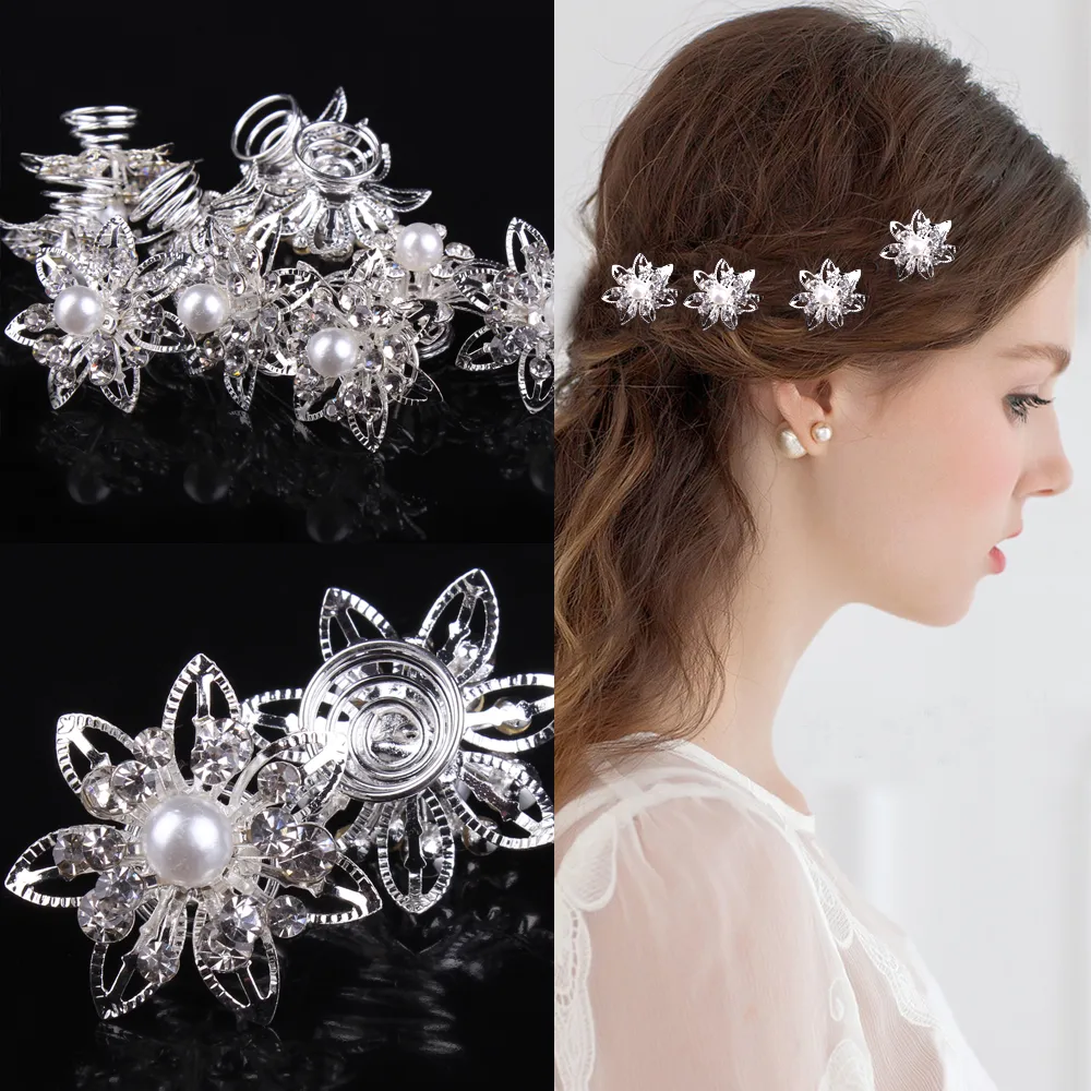 Silver Flower White Crystal Bridal Wedding Prom Hair Pins Hair Clip Twists Spins Hair Pins