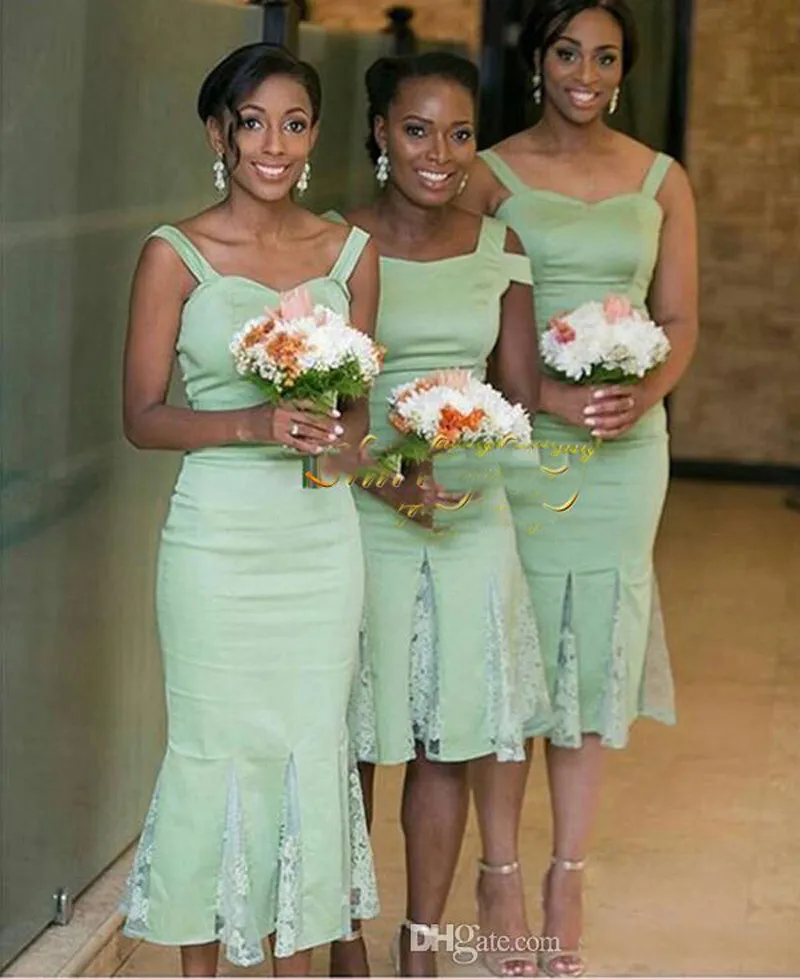 Mint Green Tea Length Bridesmaid Dresses 2018 For Arabic Women Cap Sleeves Lace Short Formal Maid Of Honor Wedding Party Guest Gowns Cheap