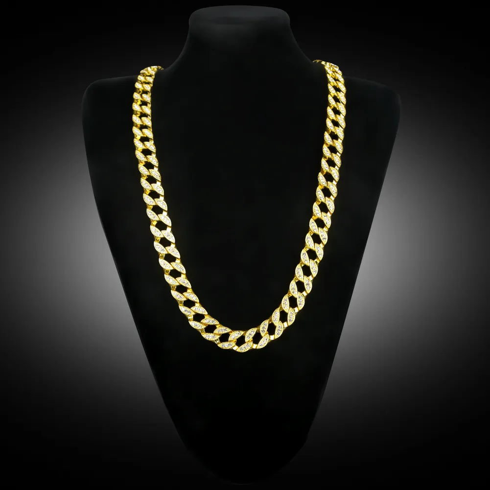 Conjuntos de colar de strass de cristal brilhante exagerado banhado a ouro 24K MIAMI CUBAN LINK hip hop bling hipster masculino correntes 75 cm293i