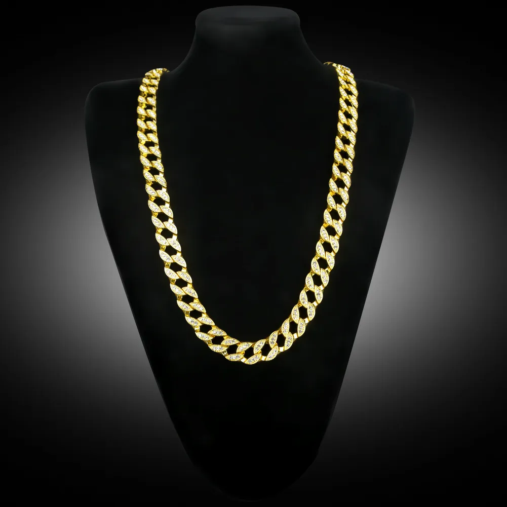 24K Real Gold Plated MIAMI CUBAN LINK Exaggerated Shiny Crystal Rhinestone Necklace Sets Hip Hop Bling Hipster Men Chains 75cm282C