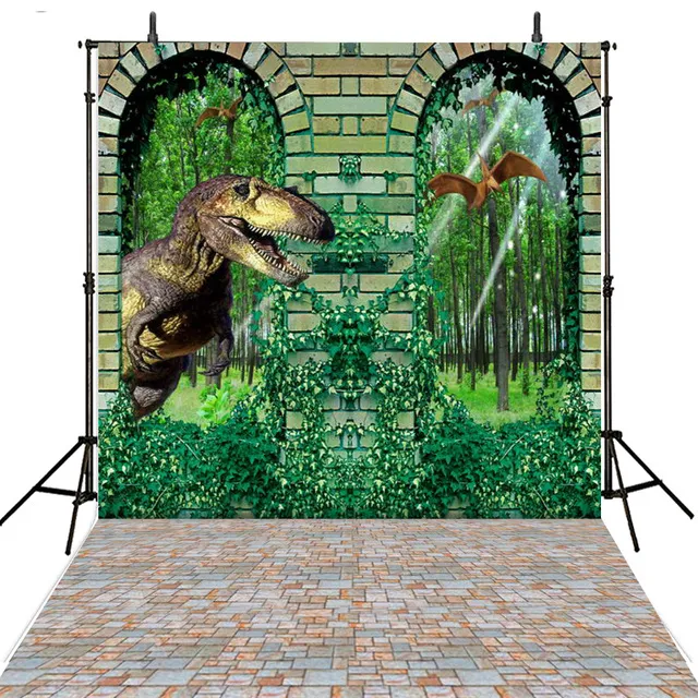Animal animé dinosaure arrière-plans brique arc mur sol feuilles vertes printemps paysage enfants enfants photographie toile de fond forêt