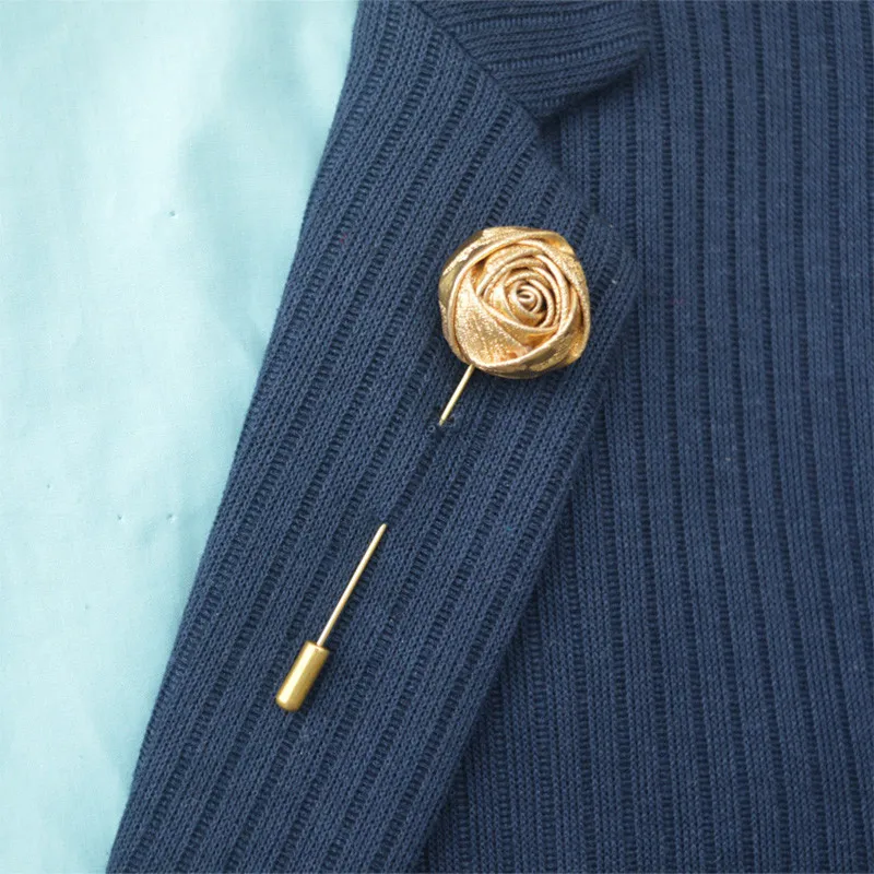 Fashion Handmade Golden Rose Flower Spilla da giacca Boutonniere Solid Rose Shape Stick Spille Accessorio da uomo gioielli da donna Wedd