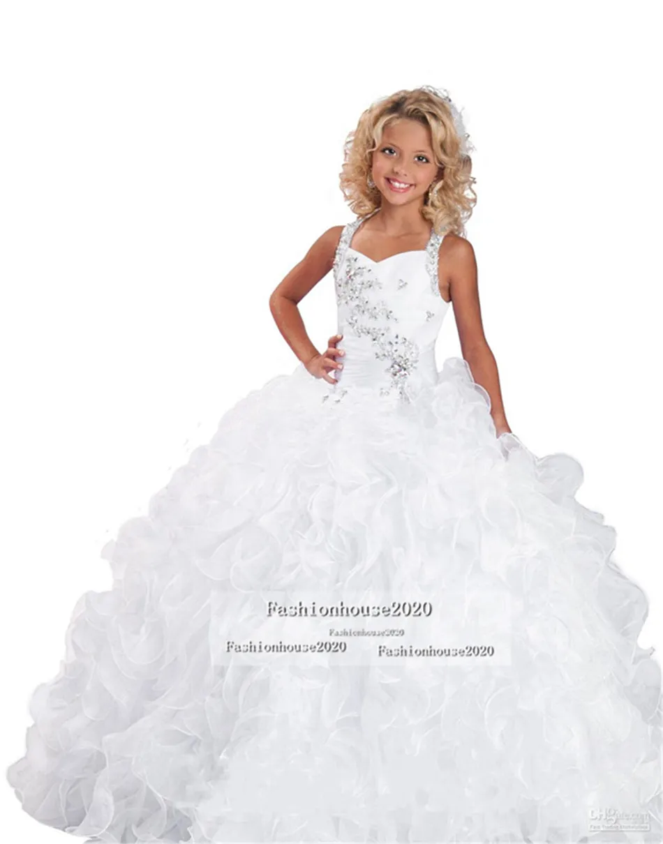 Weißes Organza-Ballkleid-Blumenmädchenkleid für Hochzeit, quadratischer Ausschnitt, Perlenkristall, Mädchen-Festzug-Kleid für Kinder, Abschlussball, Party, Gowns219j