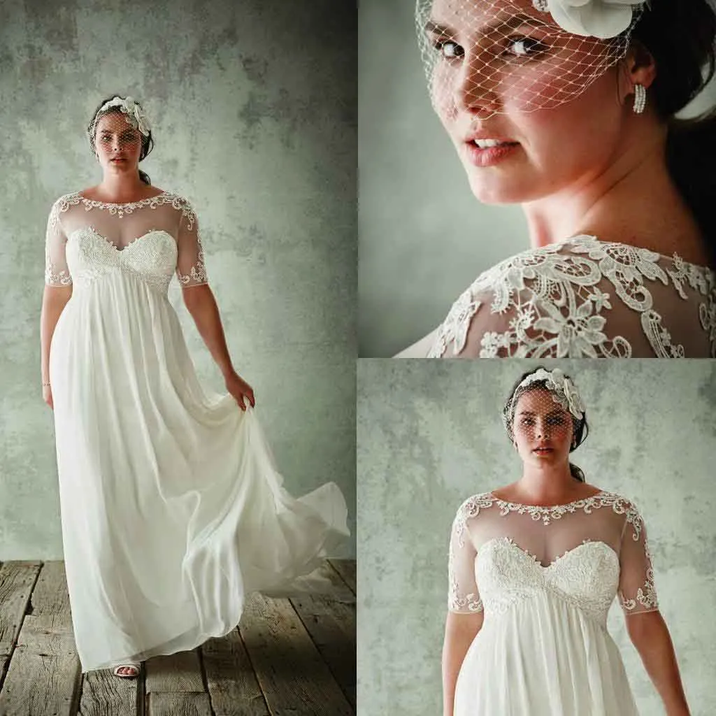 Empire Waist Plus Size Beach Wedding Maternity Photoshoot Dress with Sheer Jewel Neckline, Half Sleeves, Lace Applique, and Chiffon Fabric