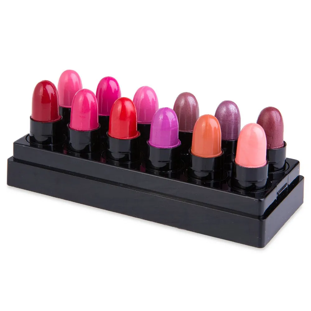 Groothandel-12 stks / pak charmante kleuren lip stick mooie kleine hydraterende langdurige glanzende lippenstift make-up cosmetische lip glanzend gratis shippi