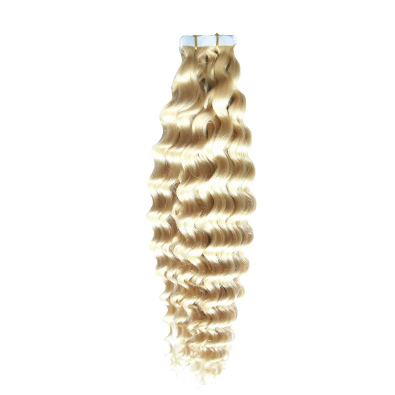 613 Blond Virgin Hair Human Tape In Kinky Curly Human Hair Extensions 50g / Set Skin Weft Seamless Human Hair