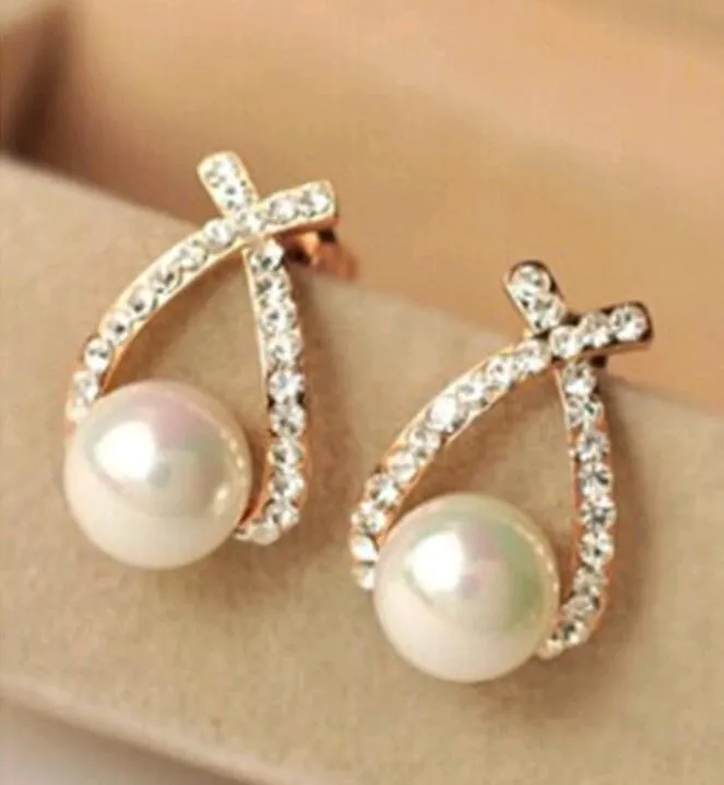 Hot Selling Rhinestone Pearl Earrings Charm Cross Semi-precious Stones Earings for Women Gift gold silver color Korean