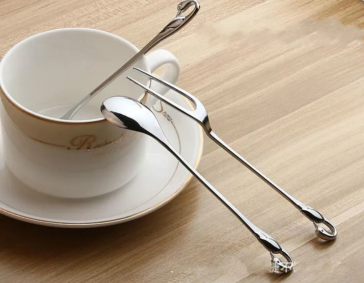 Creative Swan Handel dessert Fruit Fork Coffee Spoon Zinc Eloy Two Fork Spoon Support Custom and Wholesale