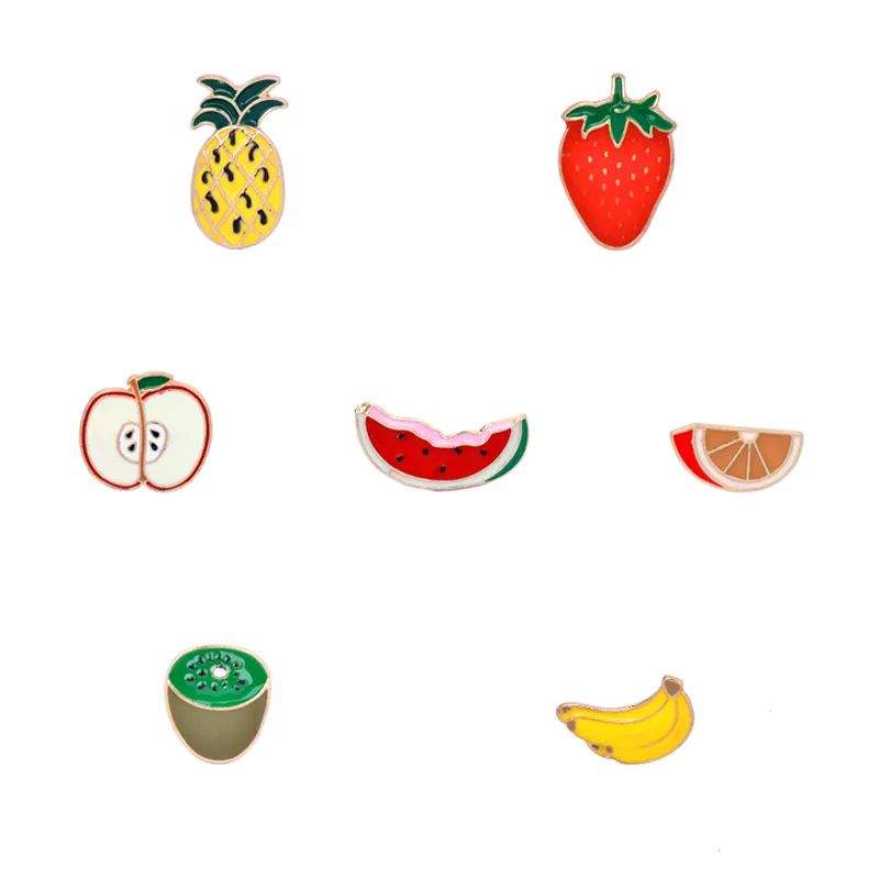 Wholesale- fruit Enamel Pins Set apple Strawberry Banana pineapple watermelon Kiwi orange Brooches Women Children Girl Clothing Accessories