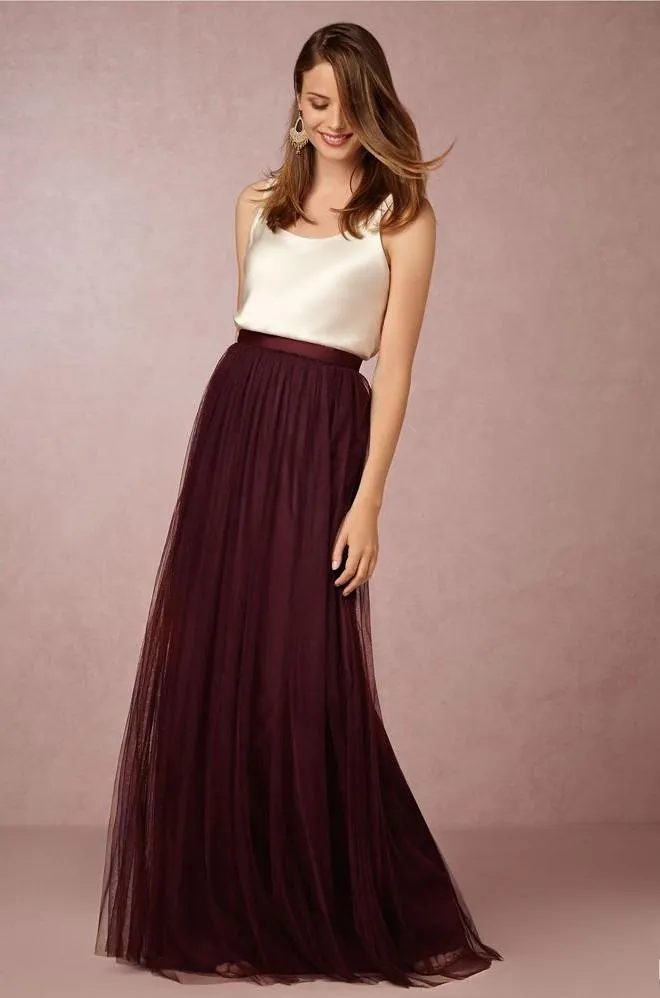 Summer Style Pleats Soft Tulle Long Skirts High Waist Pleats Tulle 3 Layers Tulle one Layer Sage/Gray/ burgundy/Champagne