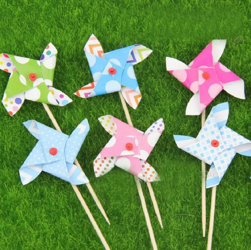 Cake Toppers Windmolen Papieren Kaarten Banner voor Fruit Cupcake Wrapper Bakken Cup Verjaardag Tea Party bruiloft decoratie baby shower