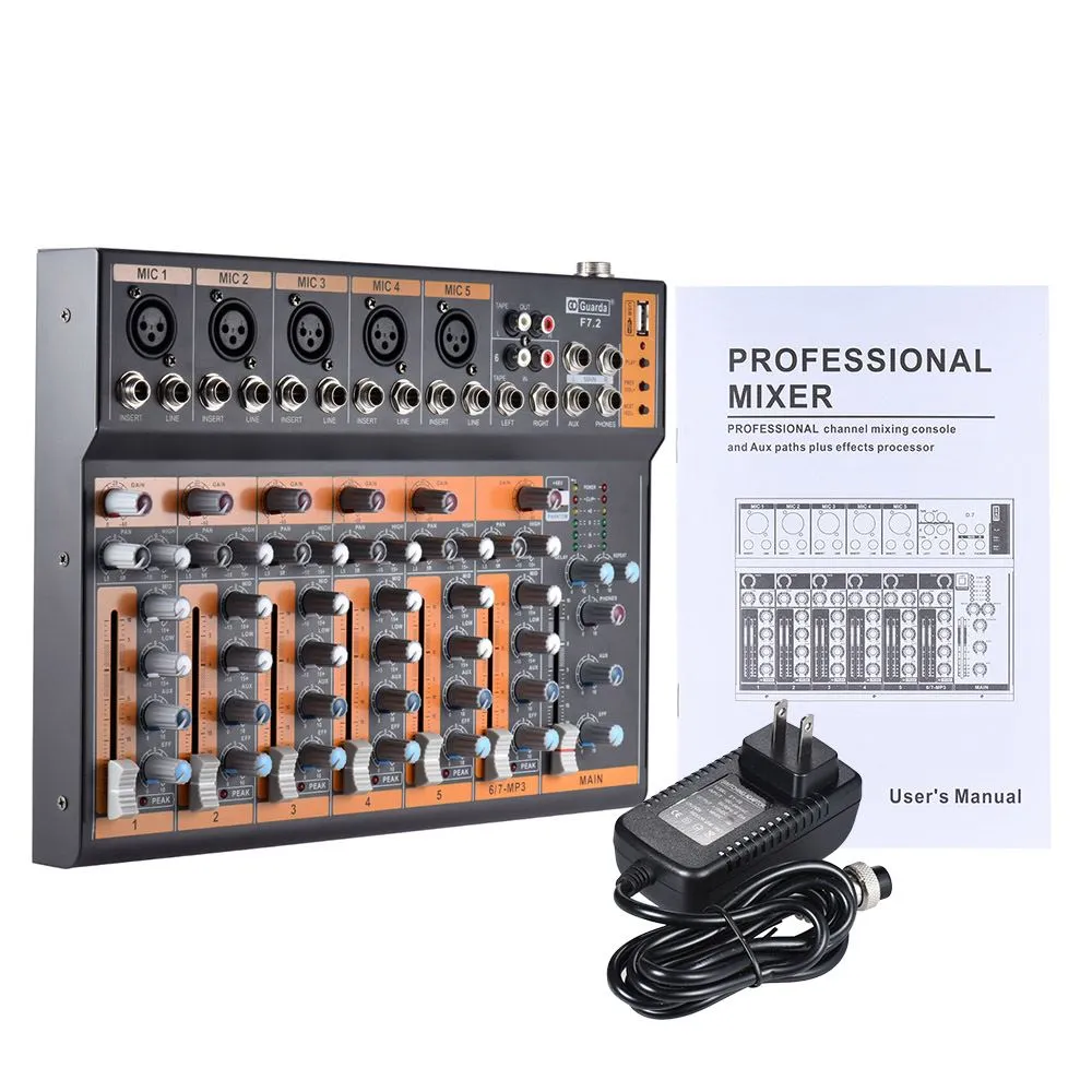 Freeshipping Portable 7 canaux Mic Line Audio Mixer Console de mixage EQ 3 bandes Interface USB Alimentation fantôme 48 V avec adaptateur secteur