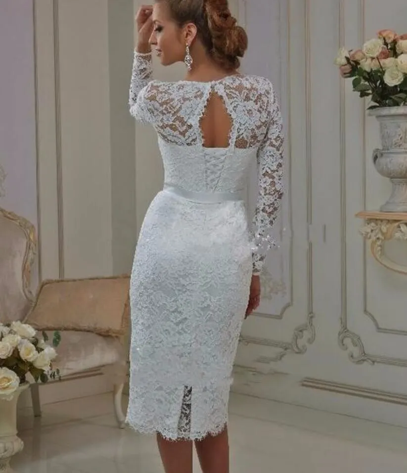 Abiti da sposa corti a maniche lunghe in pizzo a maniche lunghe vintage vestido de noiva Guaina con collo alto gioiello Abiti da sposa Casual informale