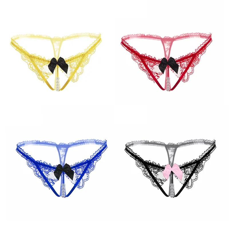 Sexy femmes G-Strings érotique dentelle G-String tongs nœud papillon taille Ultra basse exposer bout à bout fleurs Ultra-mince string sous-vêtement respirant