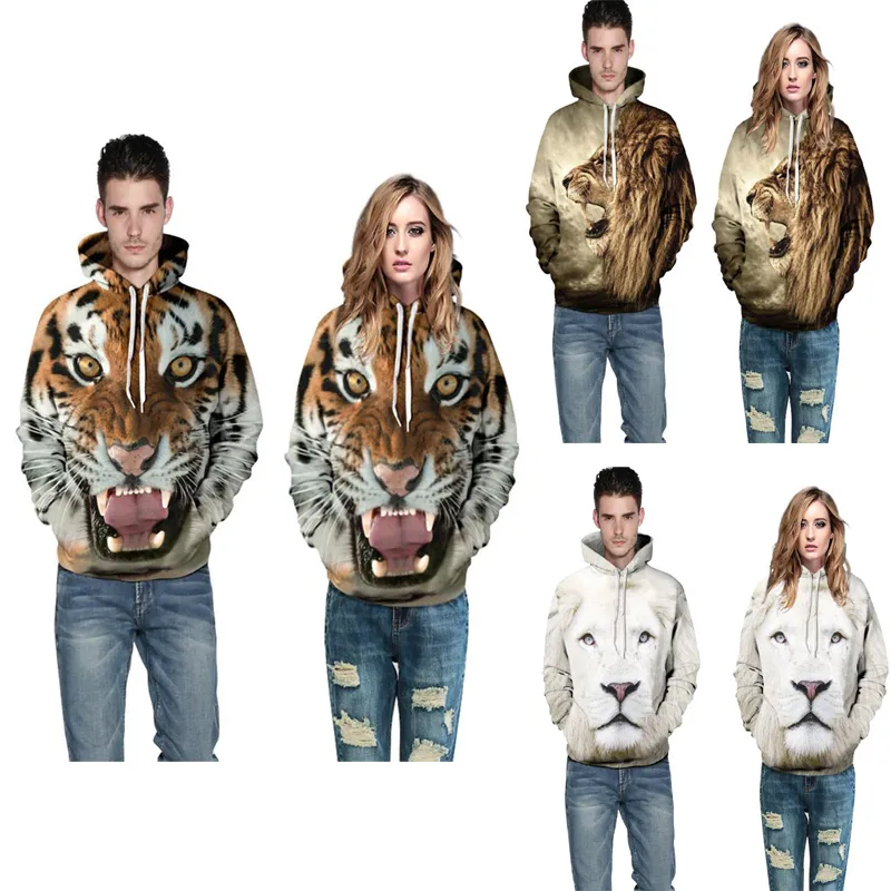 2017 Nuovi Amanti Casual Felpe Con Cappuccio Felpe Pullover Manica Lunga Stampa 3D Tiger Lion Maglione Autunno Inverno Abbigliamento Allentato Spedizione Gratuita