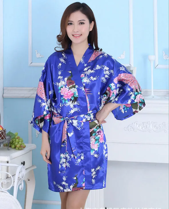 Hot koop zijde satijn bruiloft bruid bruidsmeisje gewaad korte kimono nacht gewaad bloemen badjas peignoir femme mode dressing jurk voor vrouwen