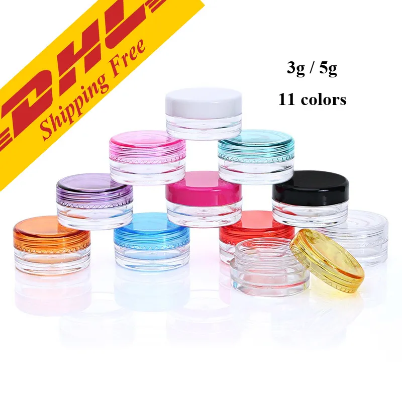 DHL GRATIS 3G 5G Transparante Kleine Ronde Fles Cosmetische Lege Jar Pot Oogschaduw Lip Balm Face Cream Sample Container 11 Kleuren