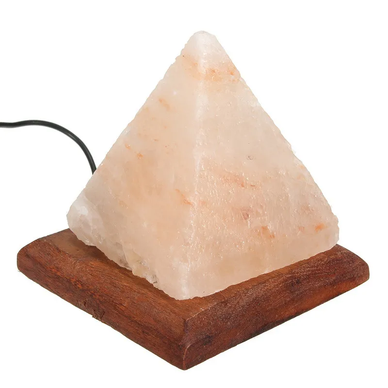Salt Lamp Table Desk Lamp Night Light Pyramid Crystal Rock Wooden