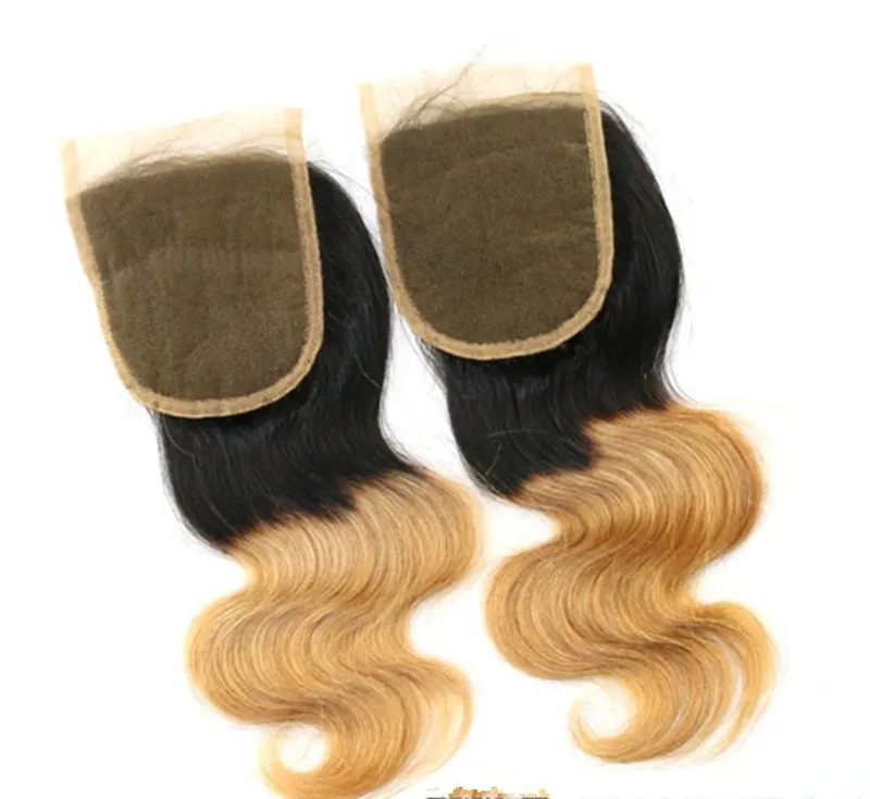 4x4 Ombre kanten sluiting alleen recht menselijk haar 1B 27 kleur honing blond sluiting remy transparant