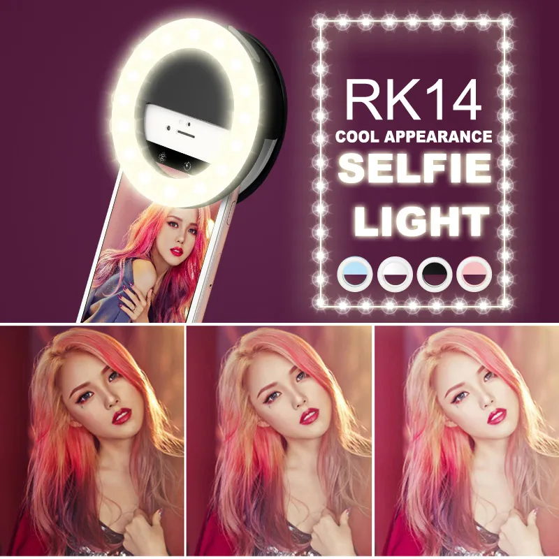 RK14 Uppladdningsbart selfie ringljus med LED-kamerafotografering Flash Light Up Selfie Lysous Ring med USB-kabel universell för alla telefoner