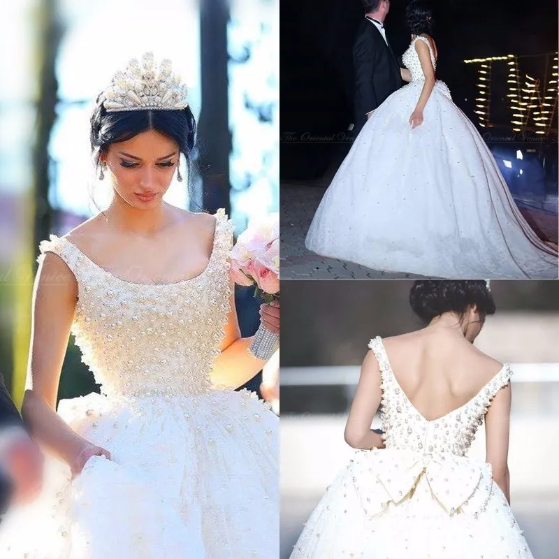 Luxury Lace Princess Ball Gown Wedding Dresses Scoop Neck Pearls Backless Lebanon Designer Bridal Dresses with Bow Court Train