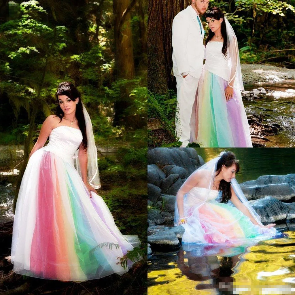 Vestidos noiva kleurrijke regenboog gotische buiten trouwjurken strapless rood paars e plus size exotische bruidsjurken gewaad de mariage