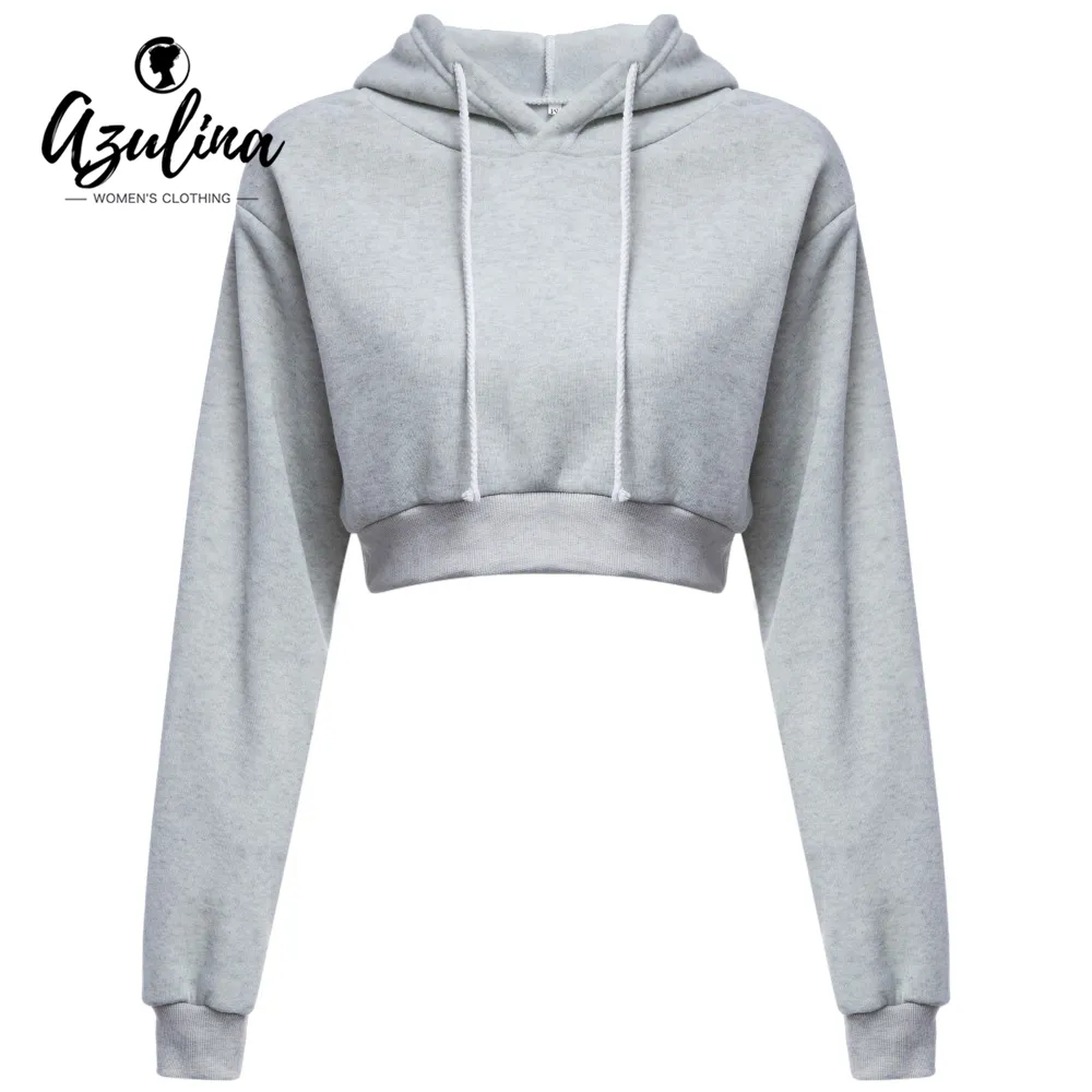 Wholesale- AZULINA Casual Gray Black Cropped Hoodies Pullovers Female Sweatshirt Winter Sexy Grey Short Crop Hoodie for Women Tracksuit