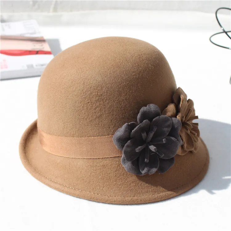ファッションレディースウールの帽子エレガントなボウラーダービートリルビーリーフフェドラスガールズフェルトキャップビンテージ帽子のサンキャップトップ4927680