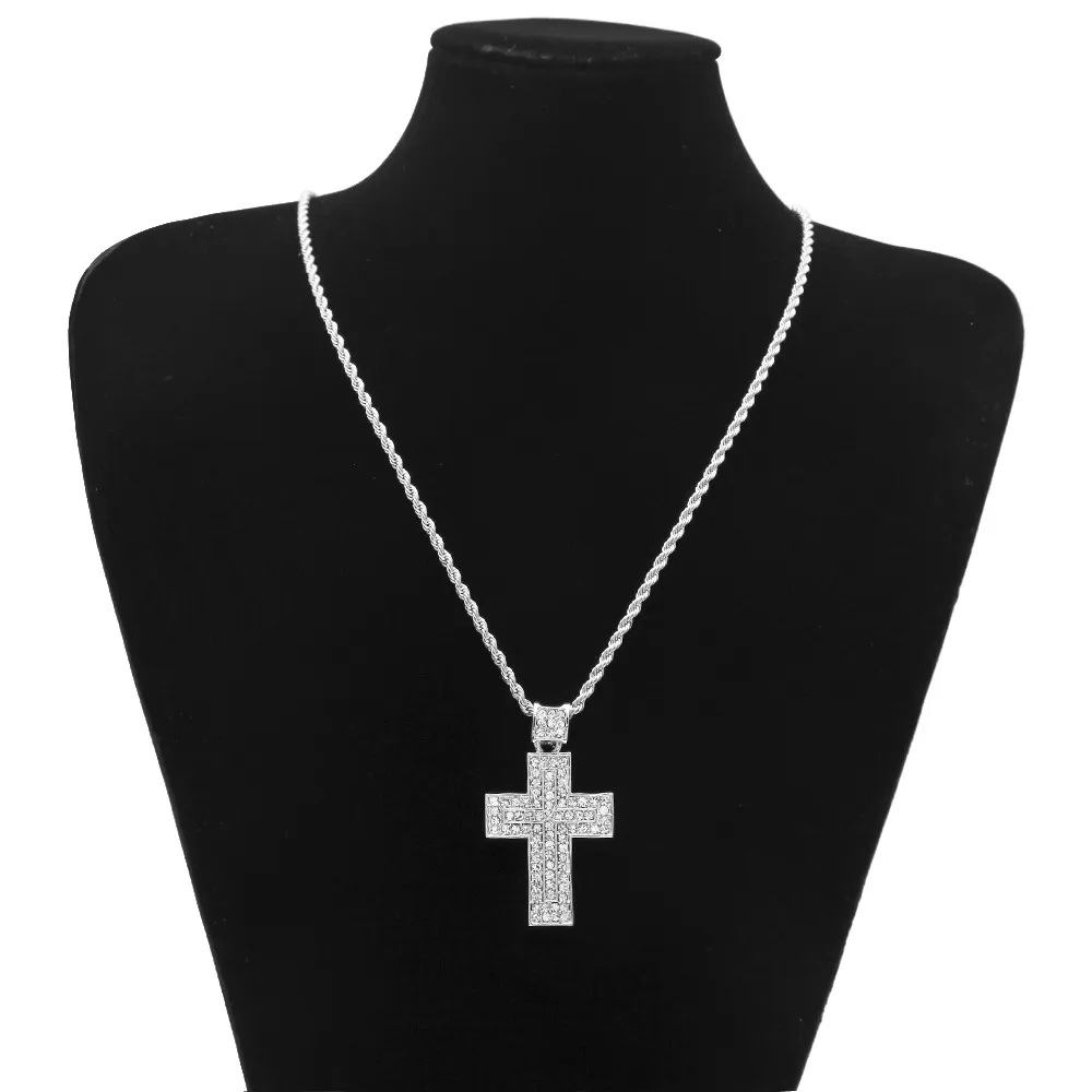 Mens Hip Hop Jewelry 18K Gold Silver Plated Fashion Bling Bling Cross Pendant Men Necklace For Gift Present Christian225w