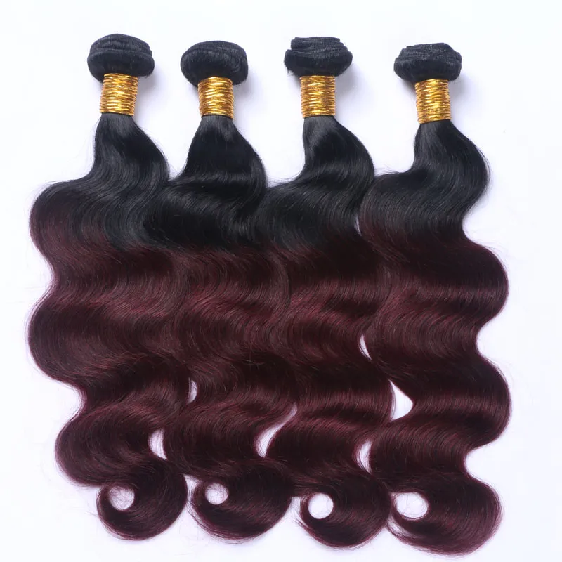 Dark Root Dip Dye Ombre 1B 99J Burgundy Two Tone Human Hair Weft Bundles Wine Red Ombre Hair Weaves