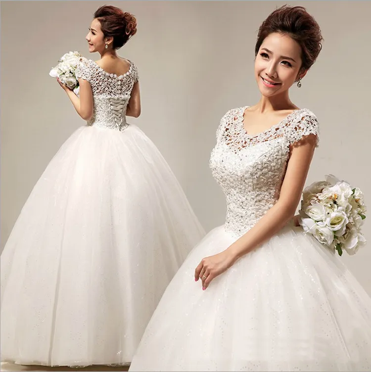 Helt nya bröllopsklänningar Gorgeous Ball Gown Cap Sleeves Princess Formell Klänning Vit / Elfenben Vestidos de Novia Elegant Bridal Gown