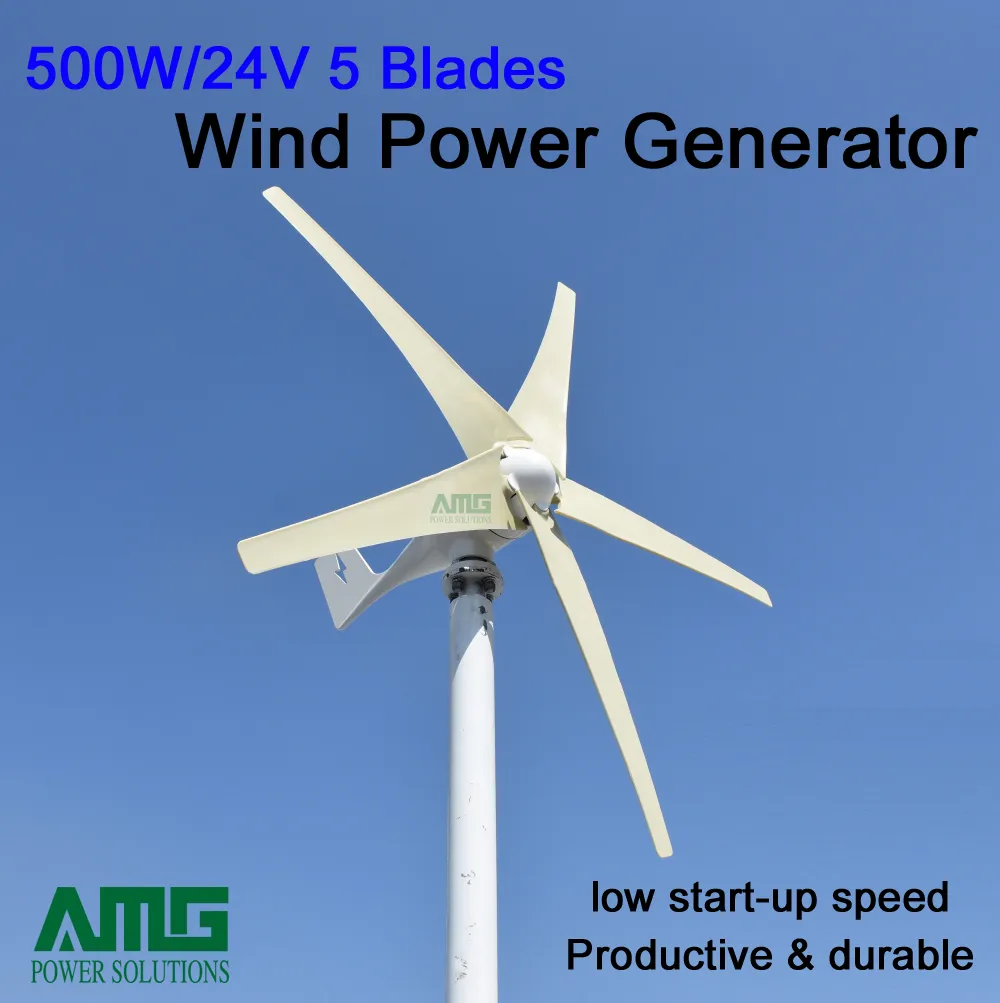 500W WINDMILL الرياح توربينات مولد طقم مولد الطاقة الطاقة الحرة 12 فولت أو 24 فولت، 5 شفرات، نبدأ منخفضة للاستخدام السكني