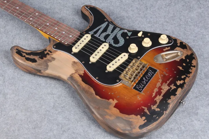 MasterBuilt Edition Stevie Ray Vaughan Tribute SRV Electric Guitar Vintage Sunburst、Gold Hardware Left Hande Tremolo Barmy Barヴィンテージチューナー