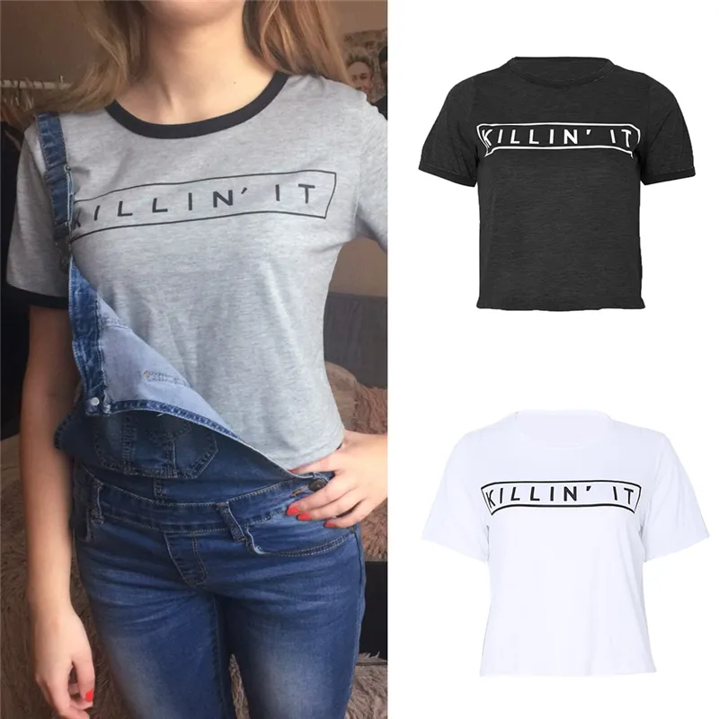 T-shirt con stampa KILLIN IT all'ingrosso-casual estiva da donna tinta unita pullover manica corta o-collo