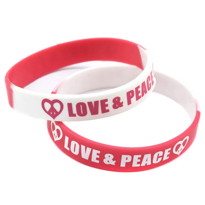 100 Stück Liebe und Frieden Silikonkautschuk-Armband, bedrucktes Logo, Hip-Hop-Stil, segmentierte Farbe, einfache Dekoration