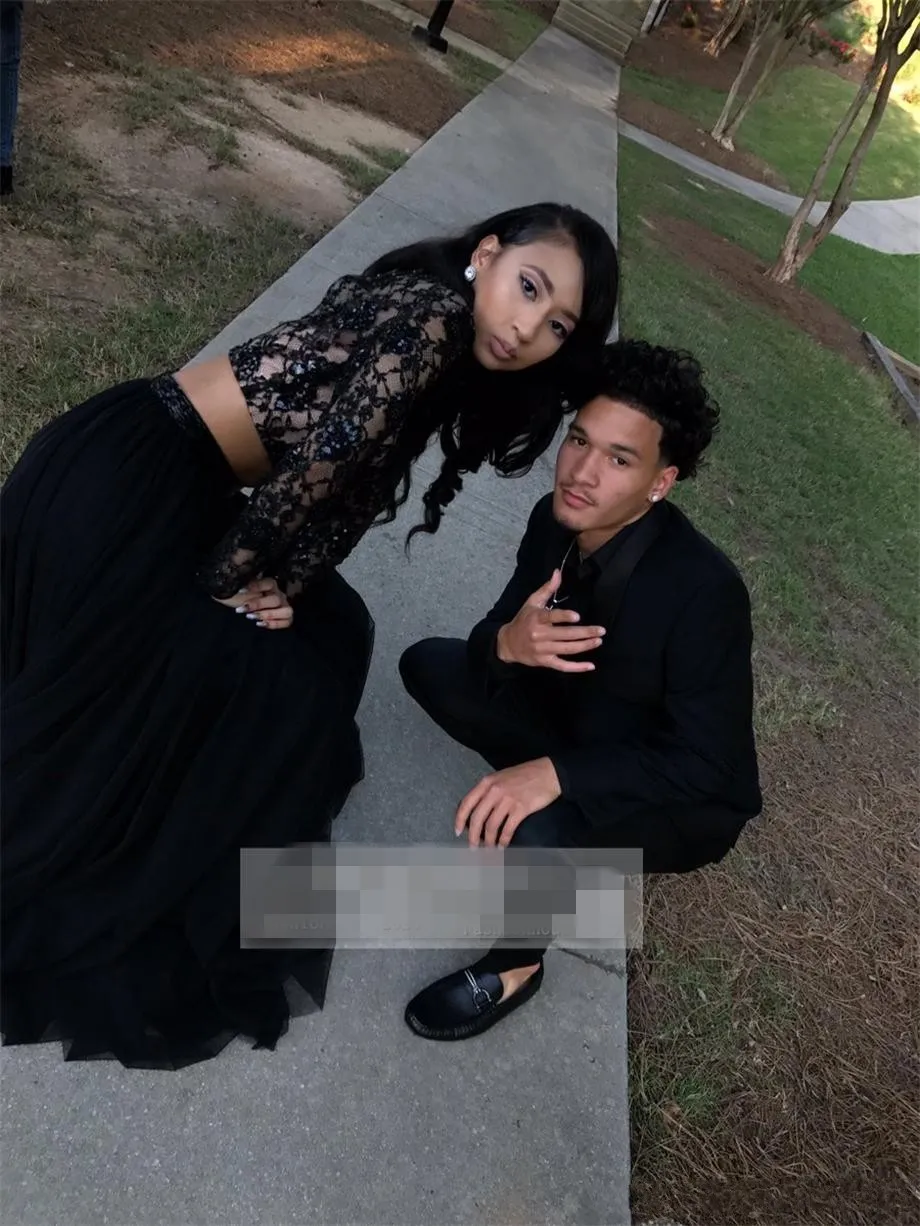 DHgate Elegant Black Lace Mermaid Prom Dresses with High Slit Wedding Party Events