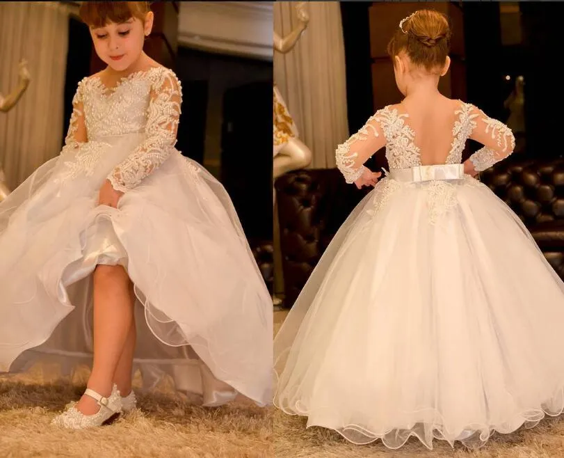 Long Sleeves 2018 Arabic Flower Girl Dresses Sheer Neck Lace Pearls Backless Child Wedding Dresses Vintage Little Girl Pageant Dresses FG11