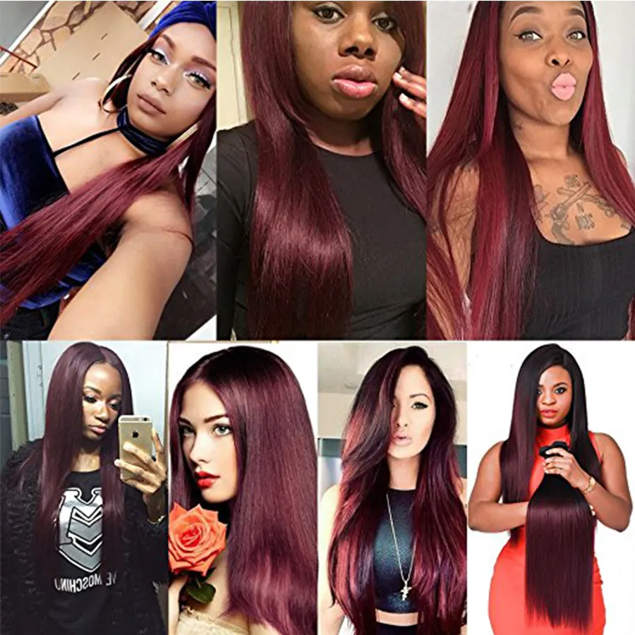 Wine Red Brazilian Virgin Hair with Closure 99j Burgundy Brazilian Straight Human Hair Weave 3Bundles with Lace Closure 4x4 Lace T5203464