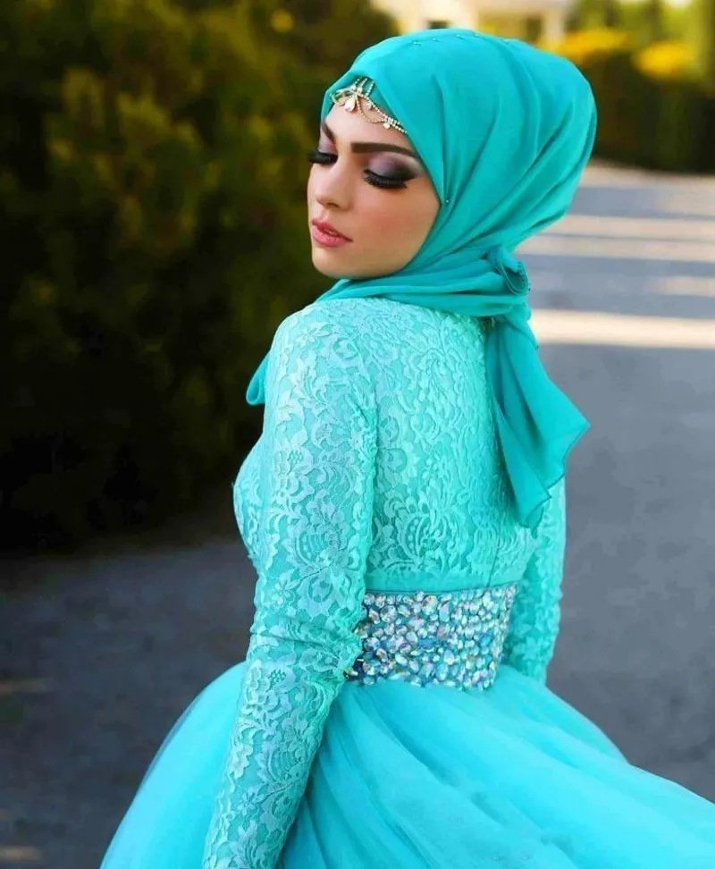 2017 Vestidos De Casamento Hijab Árabe Azul Tule Rendas De Cristal Vestidos De Noiva A Linha Sweep Trem de Manga Longa Vestidos de Casamento Muçulmano Custom Made